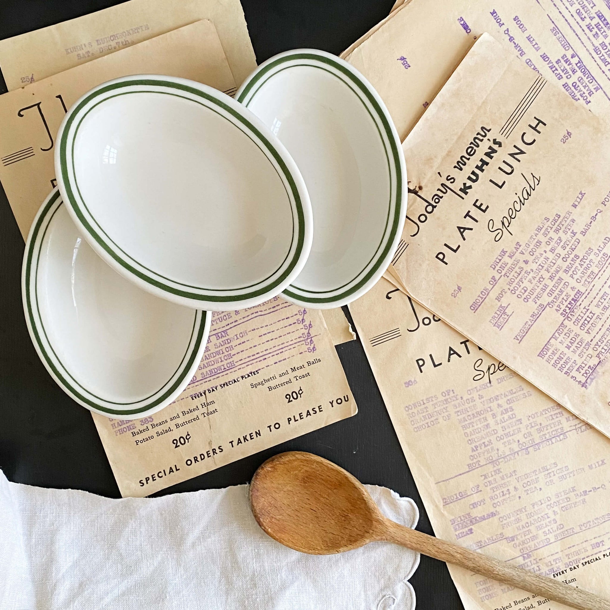 Vintage Buffalo China Green Stripe Restaurant Ware Mini Bakers - Set of Three circa 1950s-1980s