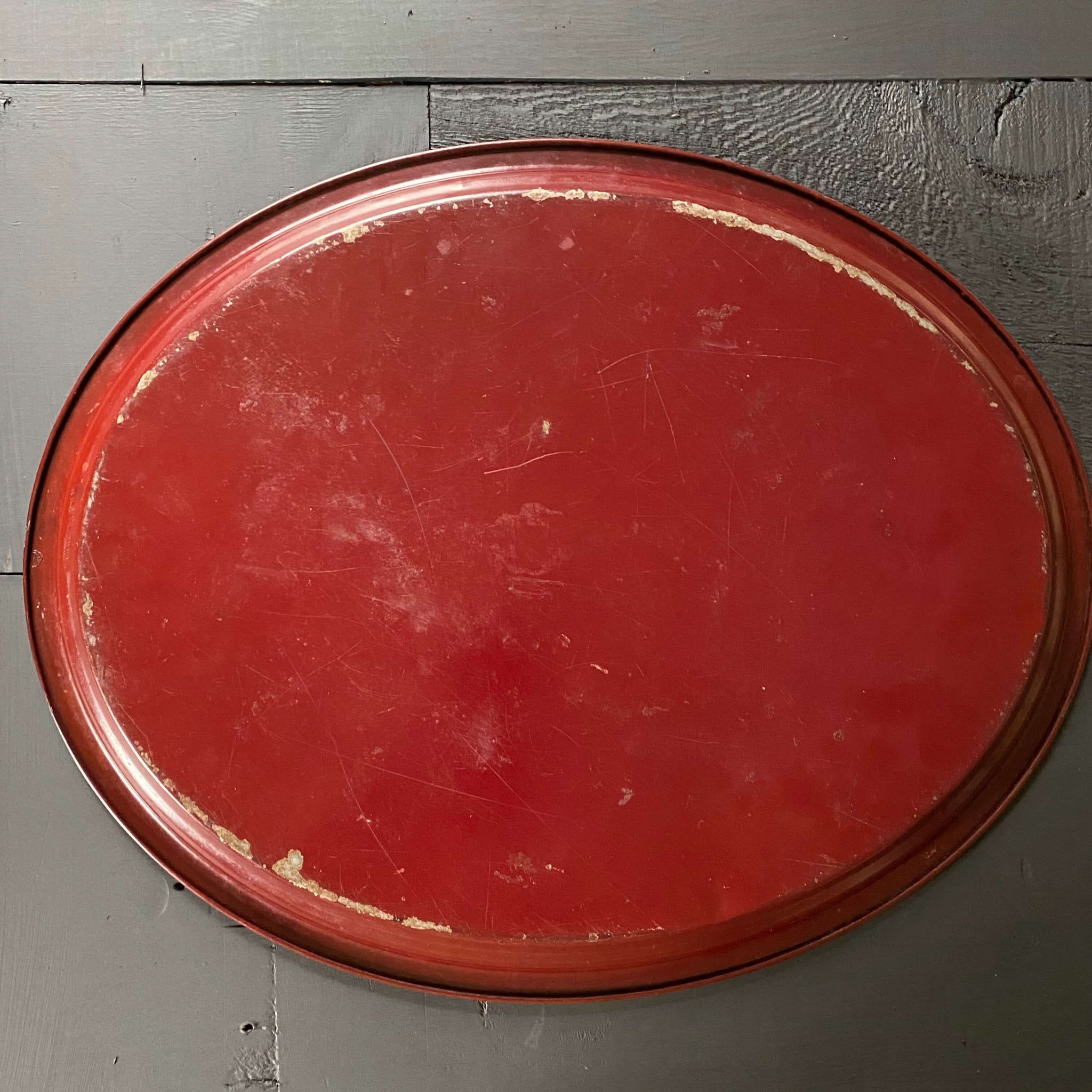 Vintage Red Tole Metal Tray - 16x13 Oxblood Red Handpainted Oval Serving Tray