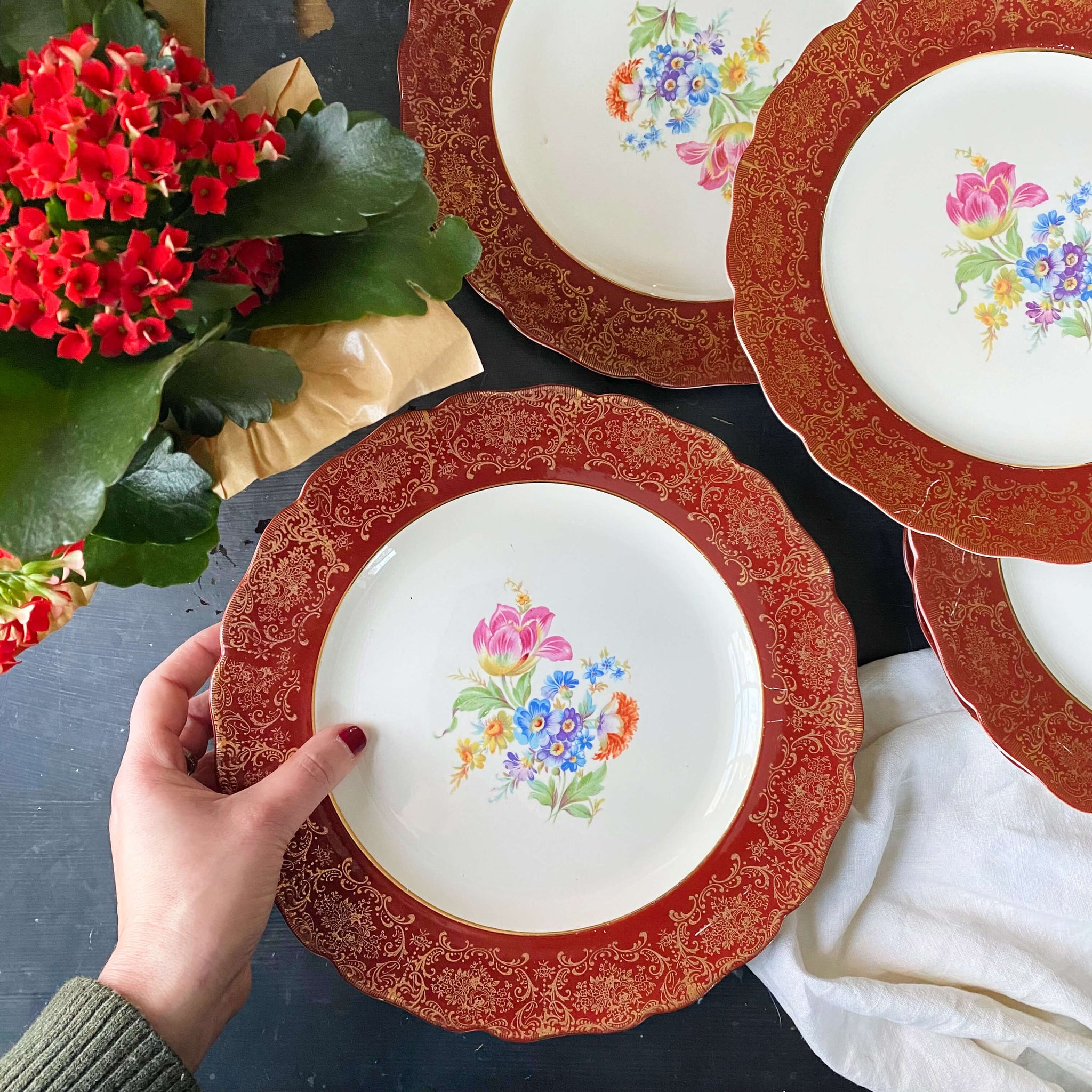 Vintage Canonsburg Pottery Dinner Plates with Red Band Rim Gold