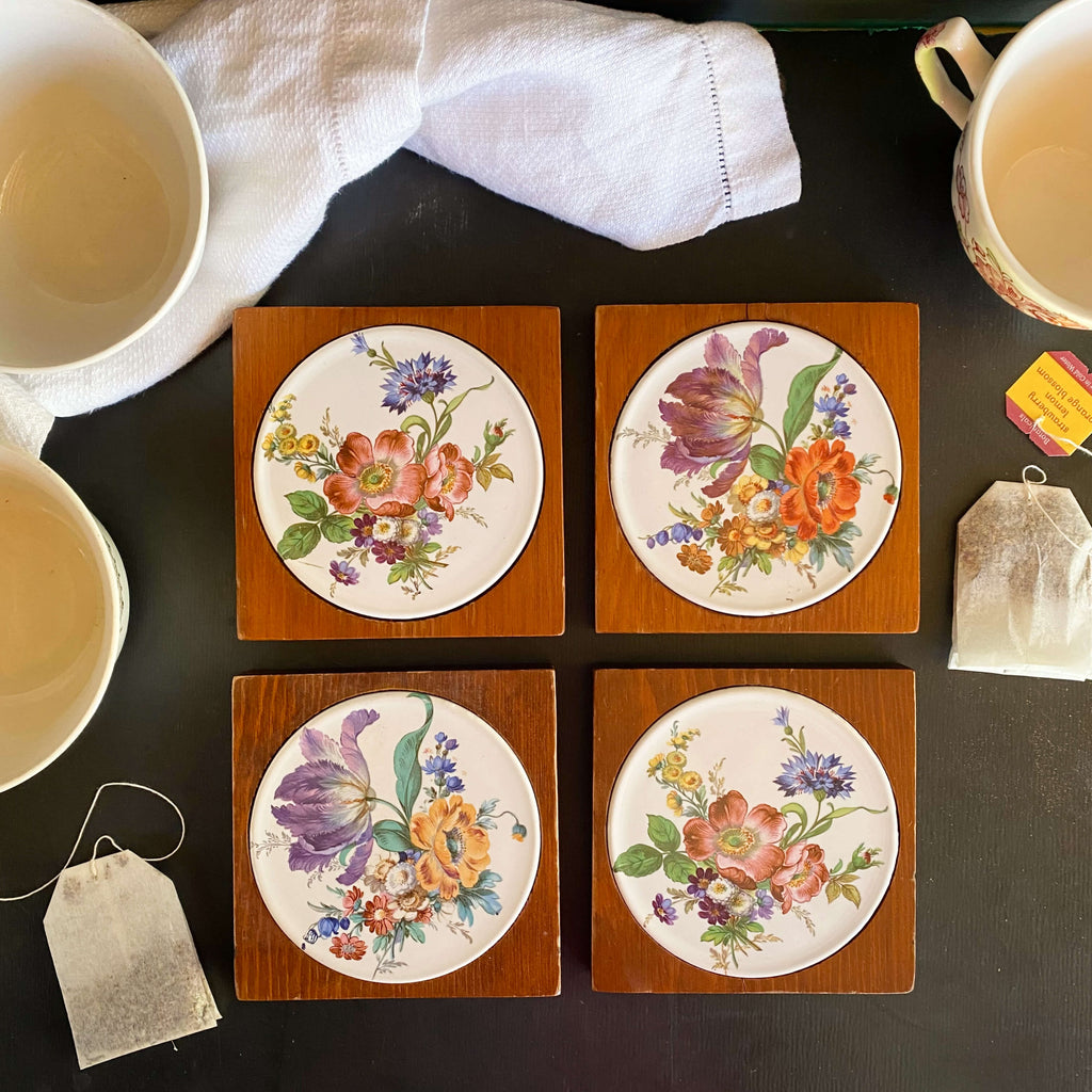 Vintage Wood and Ceramic Floral Coasters by Berkeley House - Set of Four circa 1960s