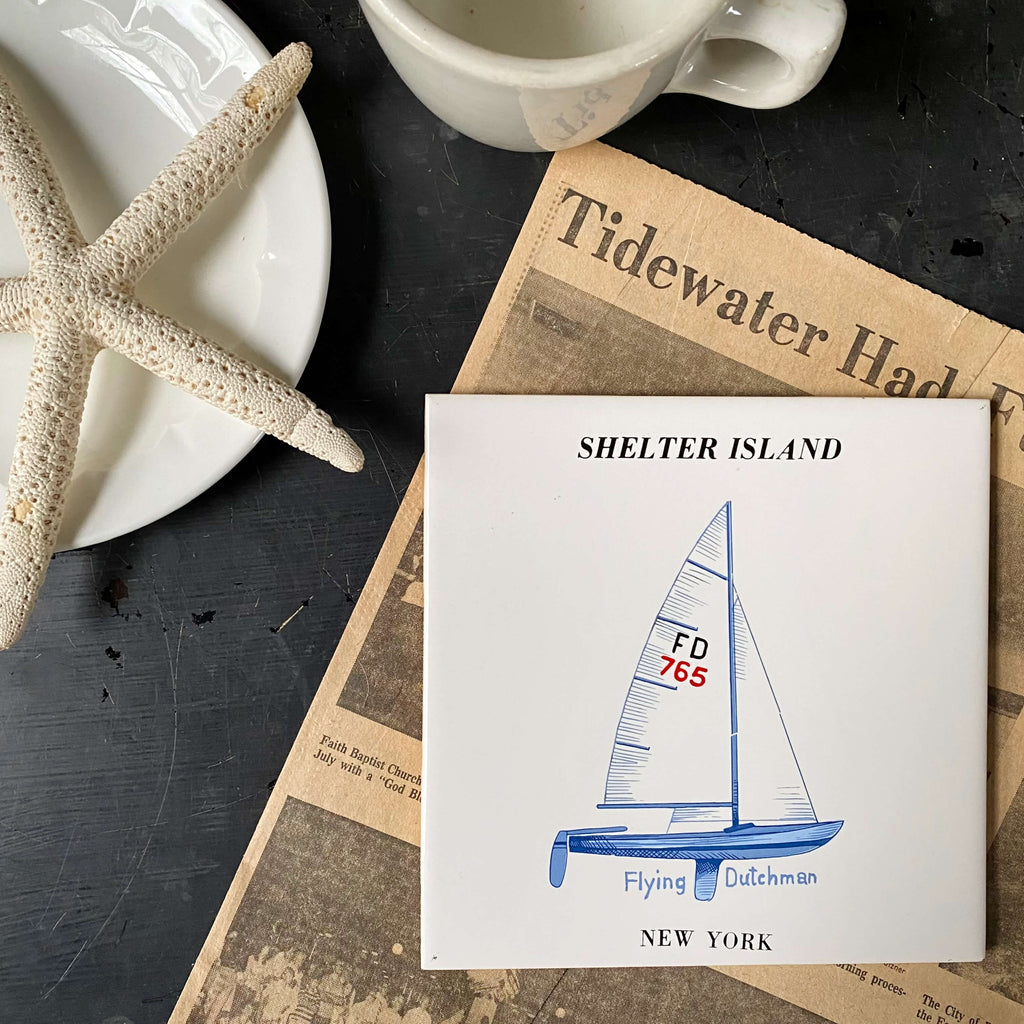 Vintage Nautical Ceramic Tile Trivet with Sailboat - Shelter Island NY Flying Dutchman Dinghy