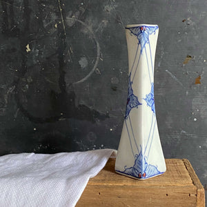 Vintage Blue and White Ceramic Bud Vase - Handpainted - Square Base