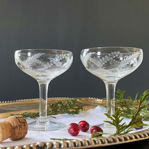 Vintage Champagne Glasses Coupe Style with Etched Berries and Evergreen Sprig Pattern - Set of Two