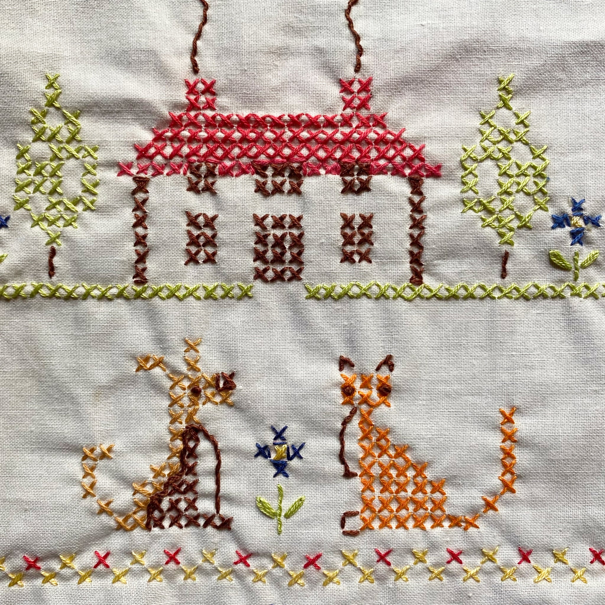 Vintage Cross-Stitch Embroidery Sampler with House Dog and Cat 11x14