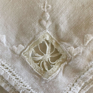 Vintage Embroidered Linen Cocktail Napkins with Drawn Work Florals - Set of Two