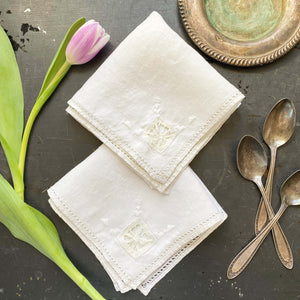 Vintage Embroidered Linen Cocktail Napkins with Drawn Work Florals - Set of Two