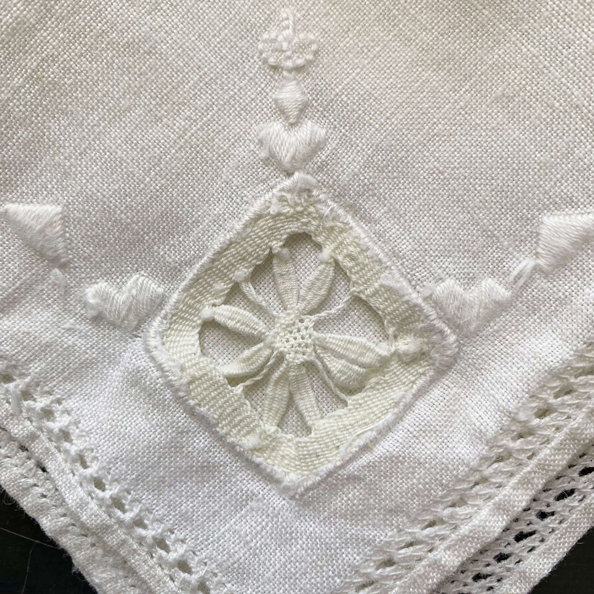 Vintage Embroidered Linen Cocktail Napkins with Drawn Work Florals - Set of Two