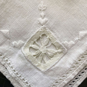 Vintage Embroidered Linen Cocktail Napkins with Drawn Work Florals - Set of Two