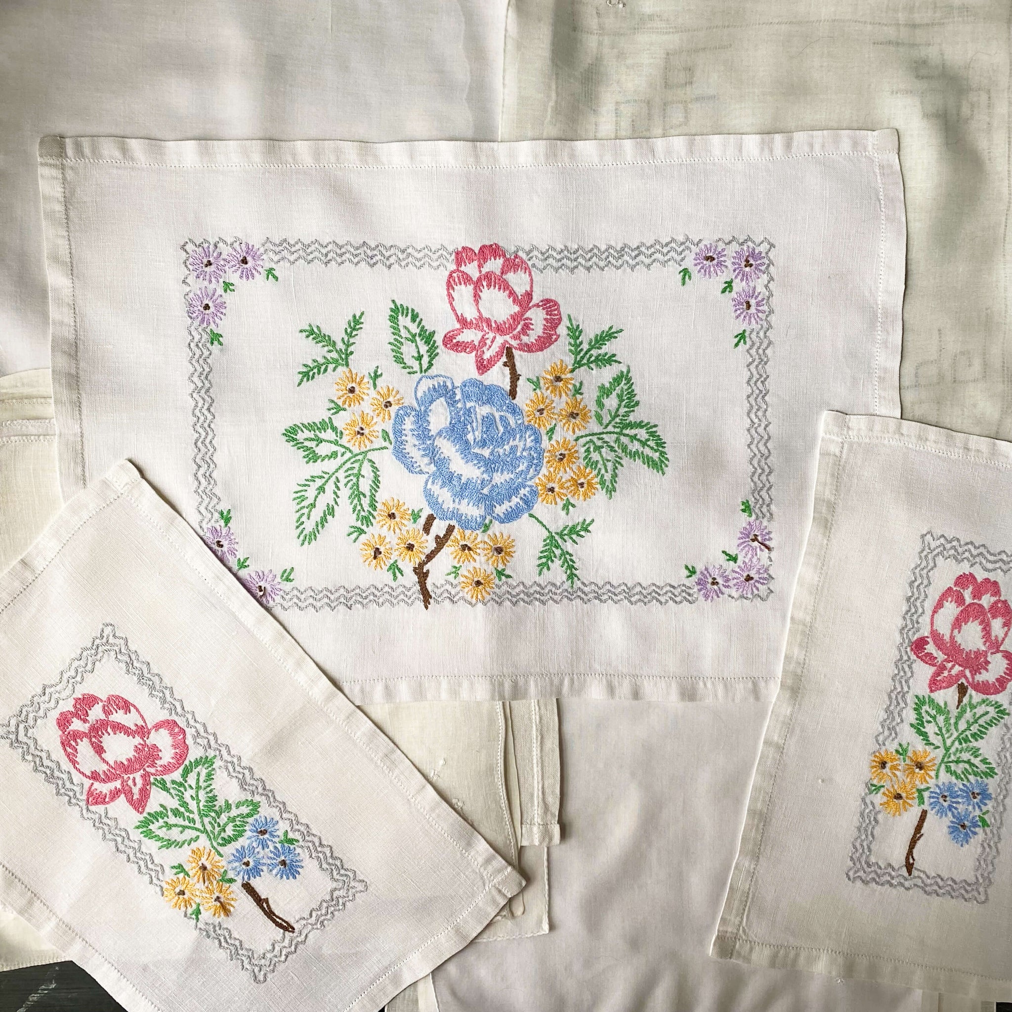 Vintage Hand-Embroidered Linen Tray Liners - Set of Three Floral Mats