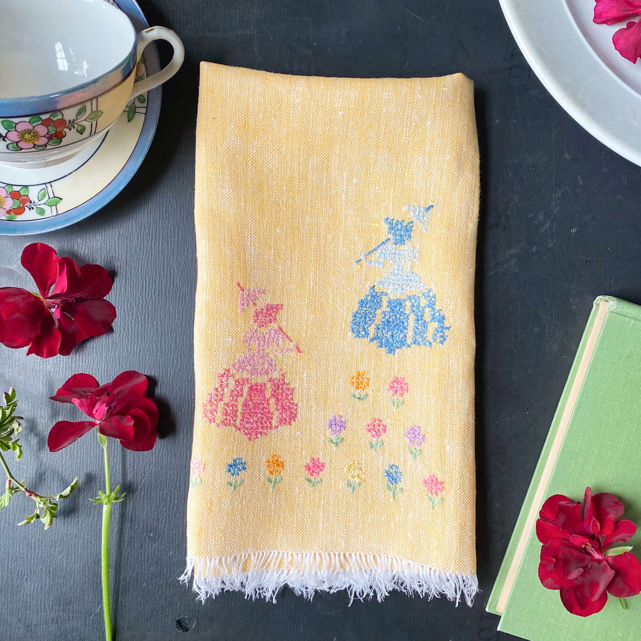 Vintage Yellow Embroidered Tea Towel with Ladies and Parasols