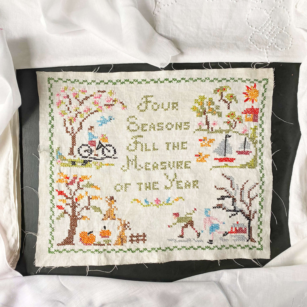 Vintage 1960s Embroidery Scene and Poem - Four Seasons Fill The Measure of the Year by Keats