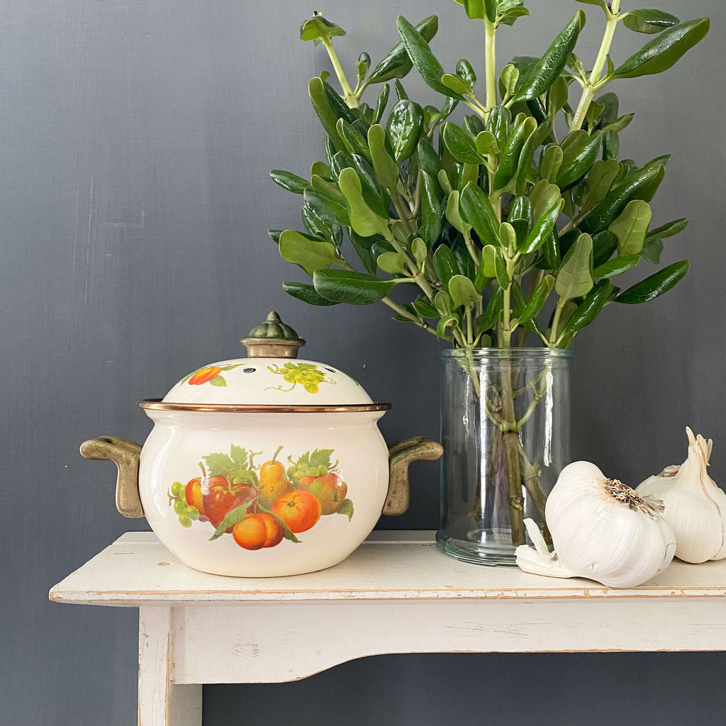 Vintage Enamel Potpourri Pot with Fruit Pattern and Brass Handles circa 1980s-1990s