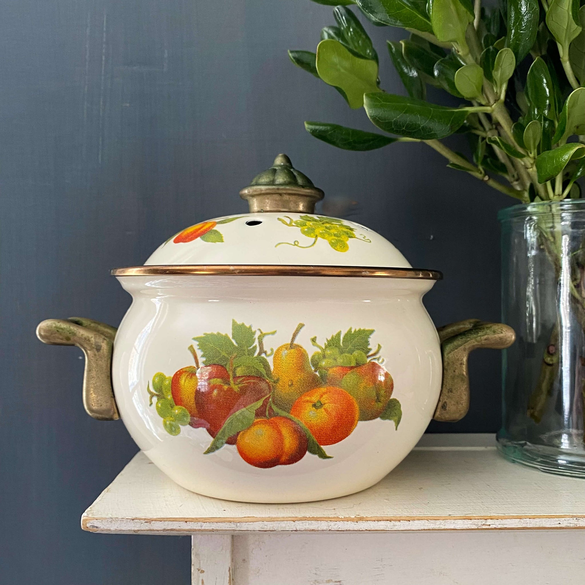 Vintage Enamel Potpourri Pot with Fruit Pattern and Brass Handles circa 1980s-1990s