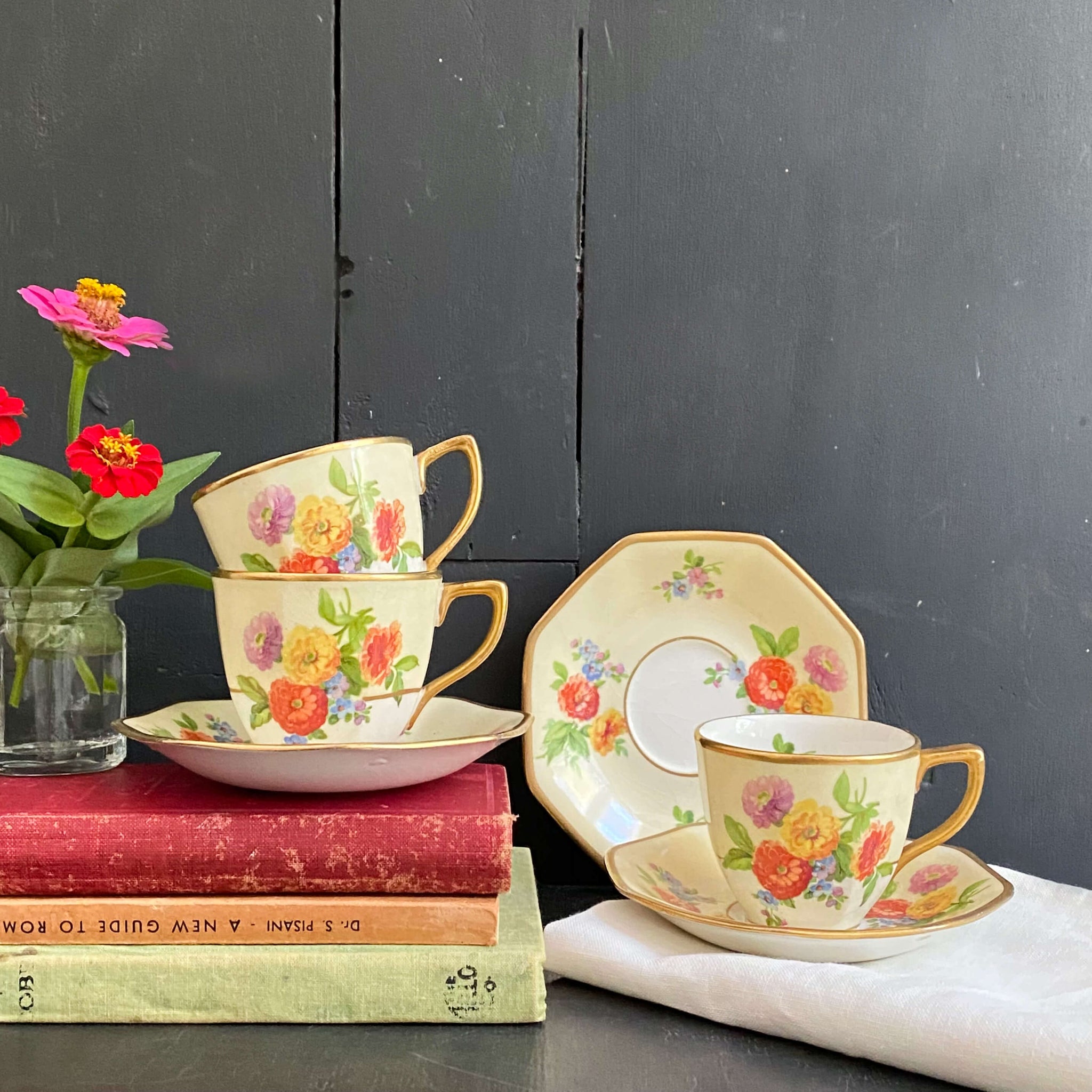 Rare Johnson Bros Floral Demitasse Cups & Saucers with Zinnia Flowers -  Set of Three