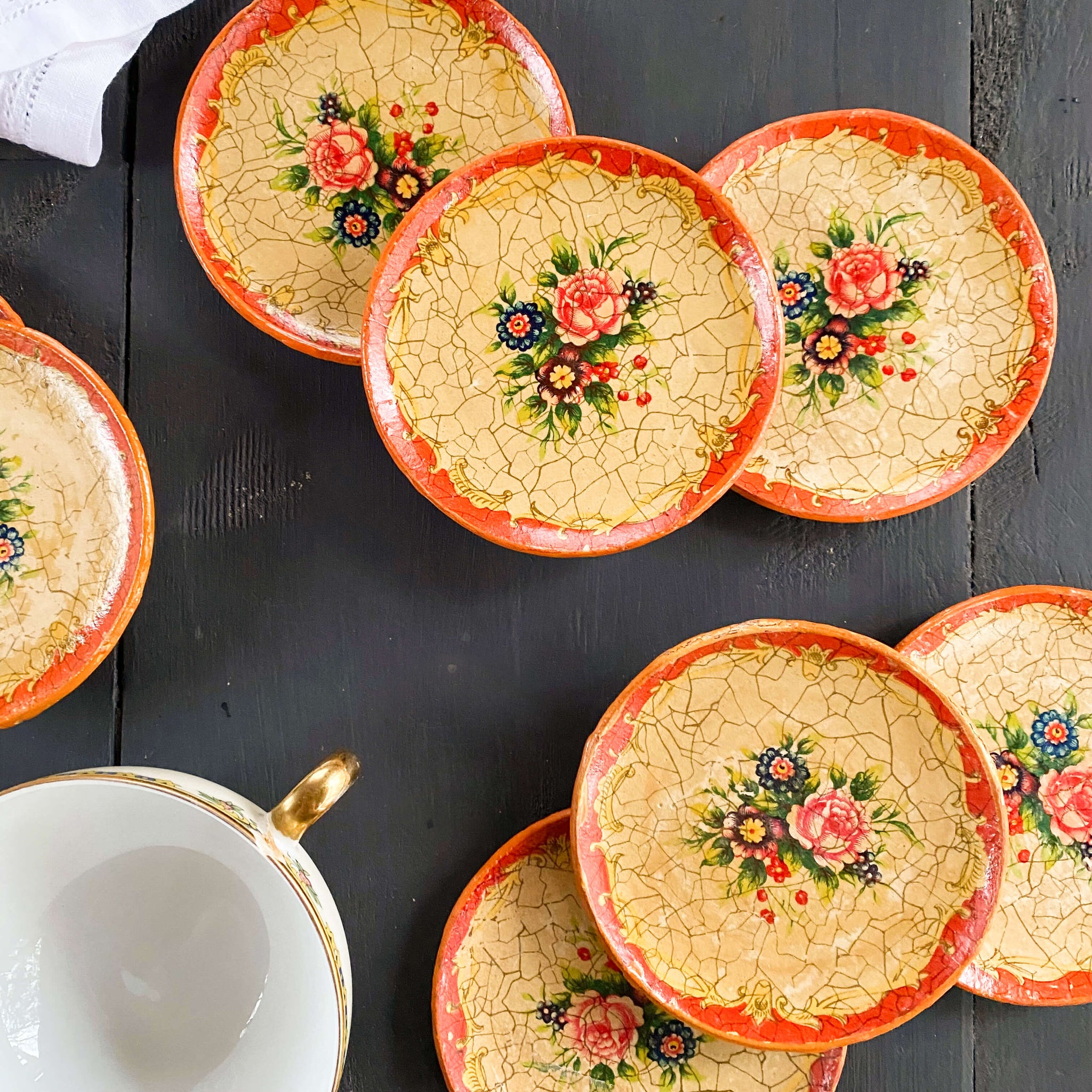 Vintage Paper Mache Floral Coasters Made in Japan - Set of 8