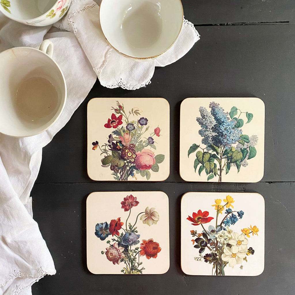 Vintage French Botanical Coasters with Cork Backing - Set of Four