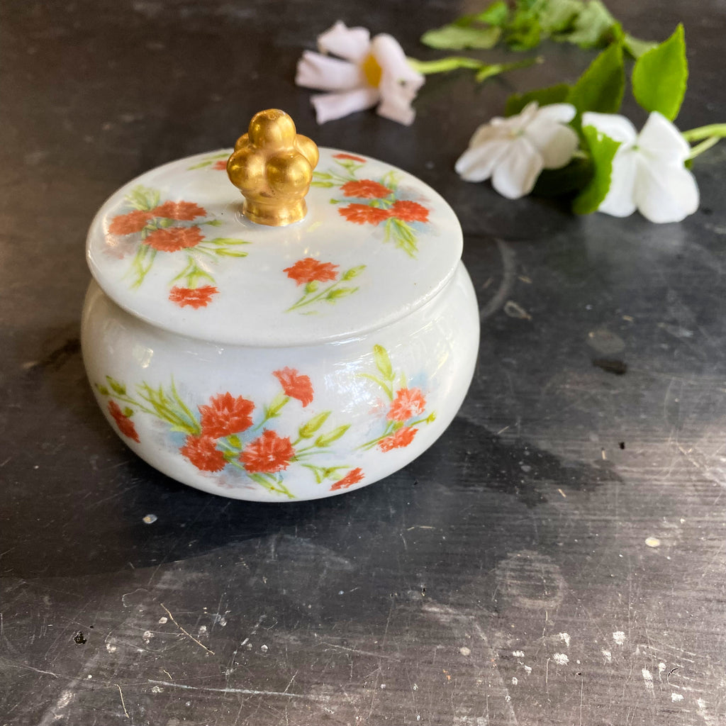 Vintage French Porcelain Small Jar Trinket Dish Powder Jar with Red Flowers and Removeable Lid