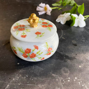 Vintage French Porcelain Small Jar Trinket Dish Powder Jar with Red Flowers and Removeable Lid