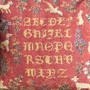 Vintage French Tapestry Pillow by Craye Featuring Medieval Alphabet Animals and Flowers