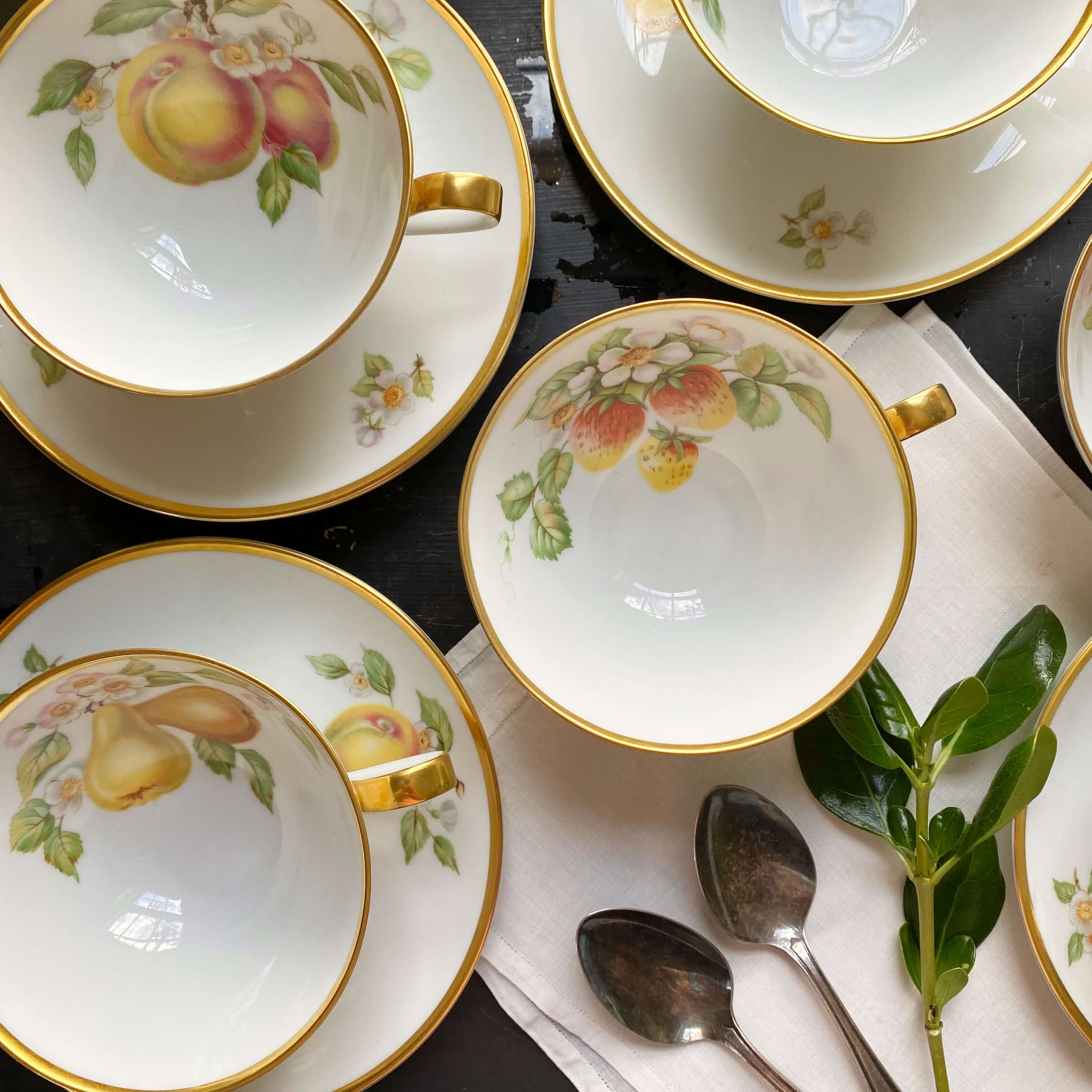 Vintage 1960s Hutschenreuther Fruit Pattern Porcelain Cups and Saucers - Set of Seven