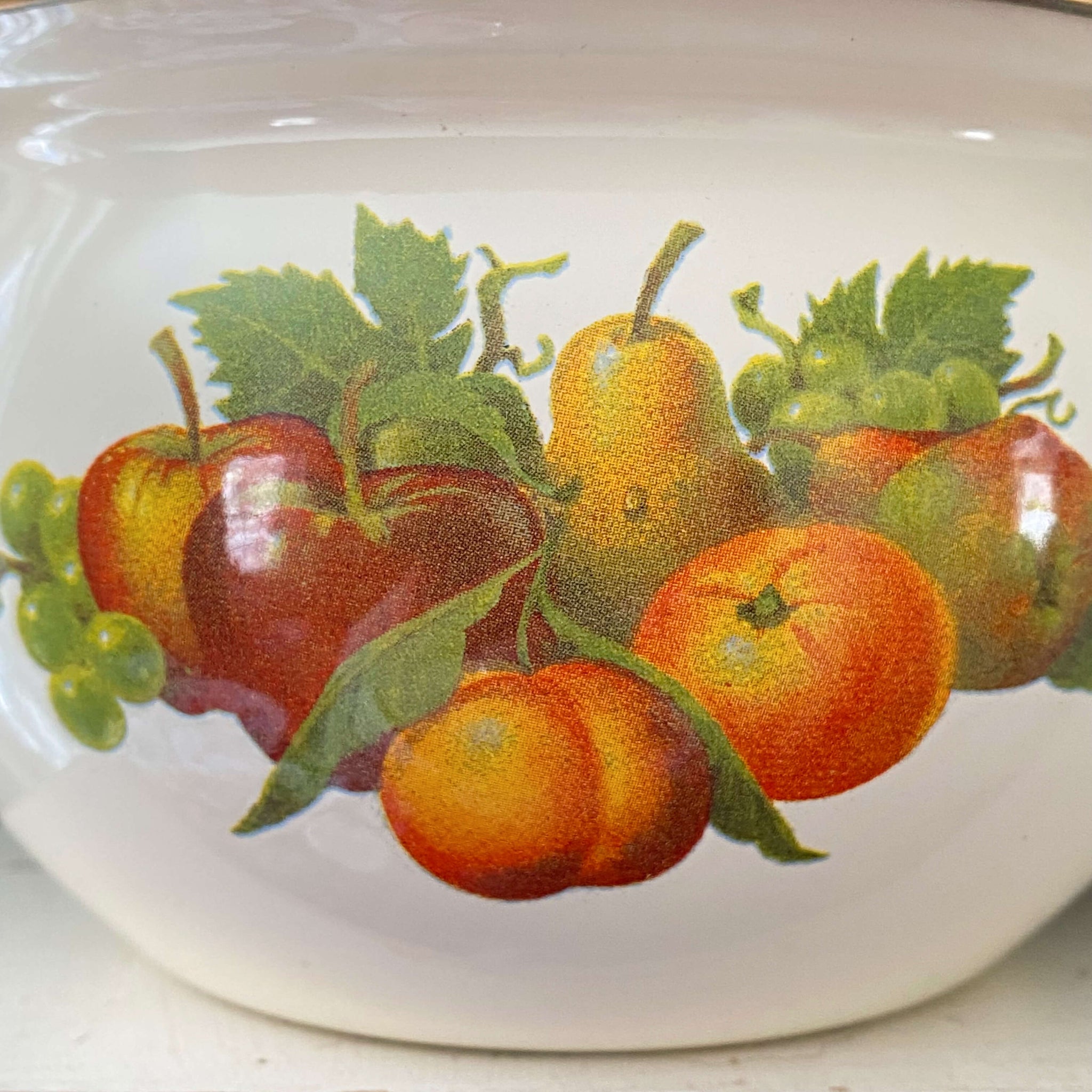 Vintage Enamel Potpourri Pot with Fruit Pattern and Brass Handles circa 1980s-1990s