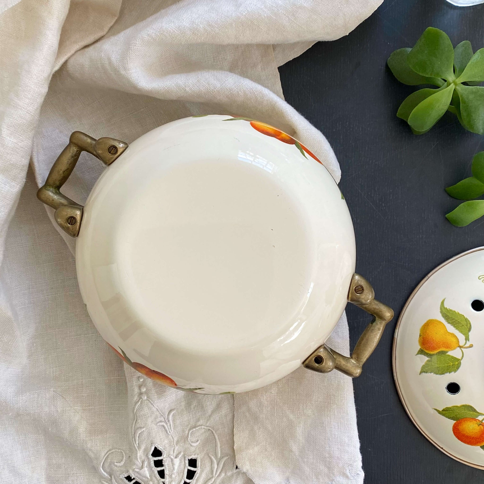 Vintage Enamel Potpourri Pot with Fruit Pattern and Brass Handles circa 1980s-1990s