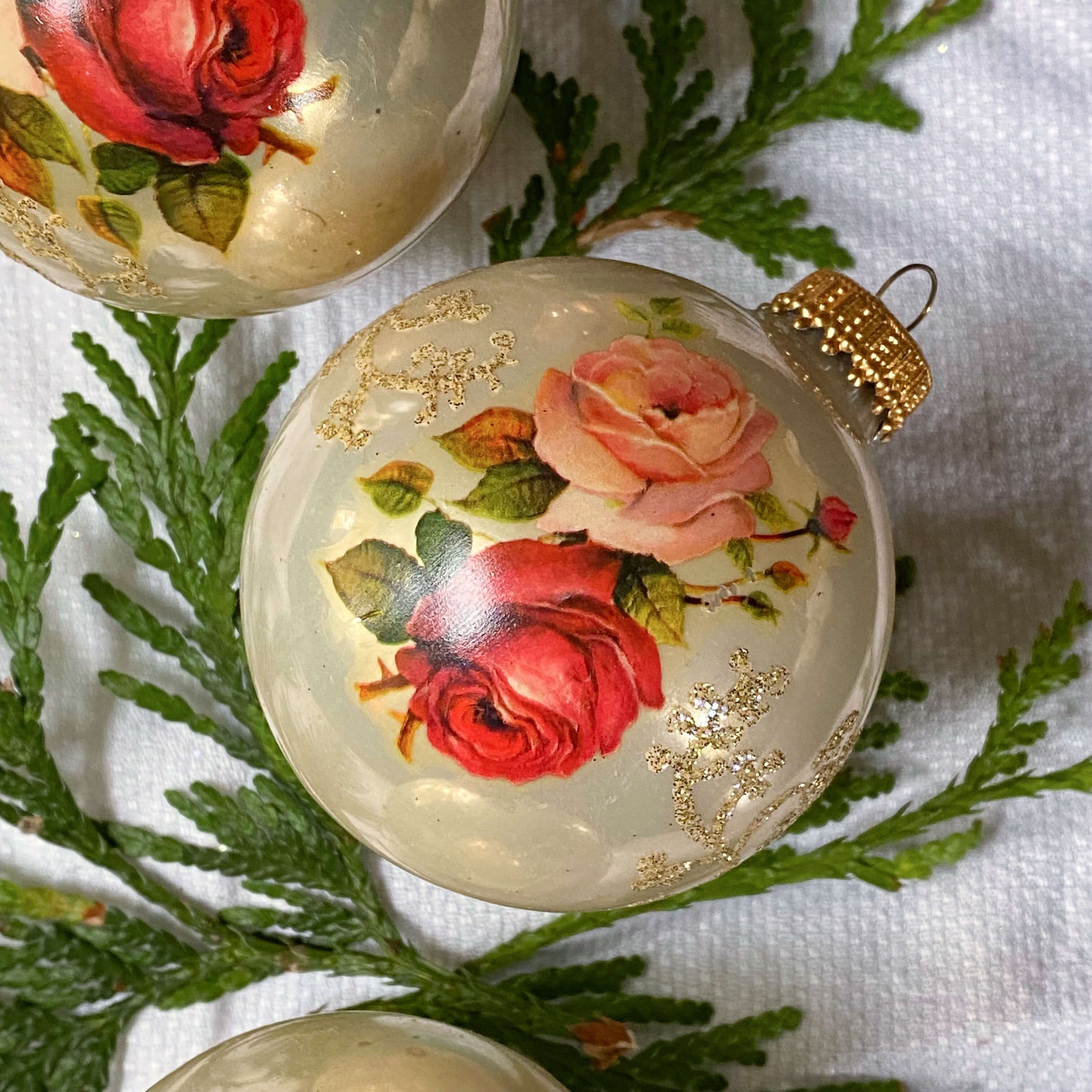 Vintage Christmas by Krebs Glass Ornaments with Pink & Red Roses - Memories Pattern circa 1980s