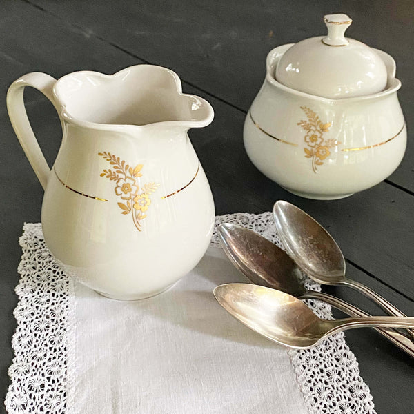 Vintage German Porcelain Gold Floral Cream & Sugar Set by Scherzer circa 1949-1991