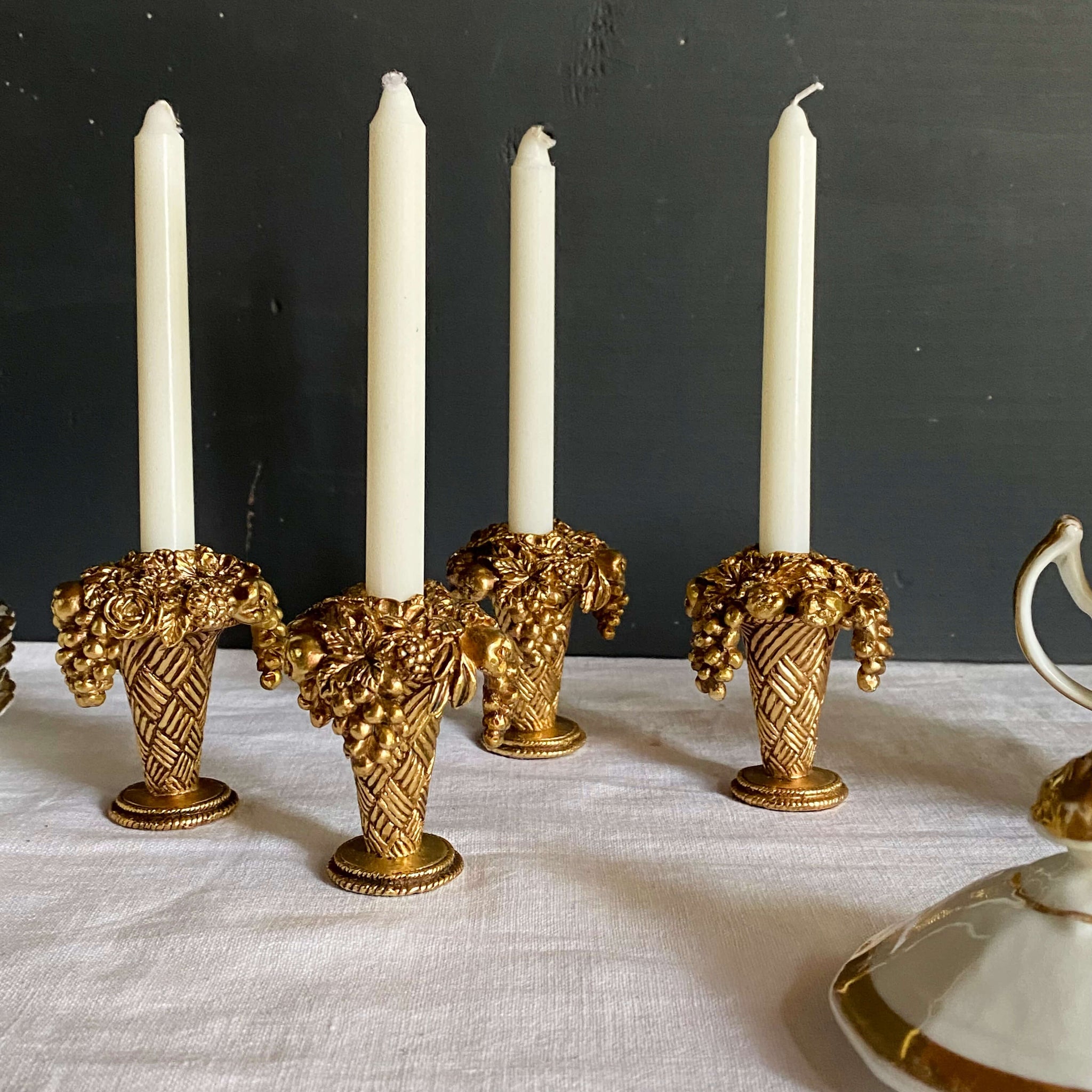 Vintage Gold Plated Neoclassical Floral Basket Candleholders - Ormolu Style - Set of Four Based on Antique French Furniture Mounts circa 1787