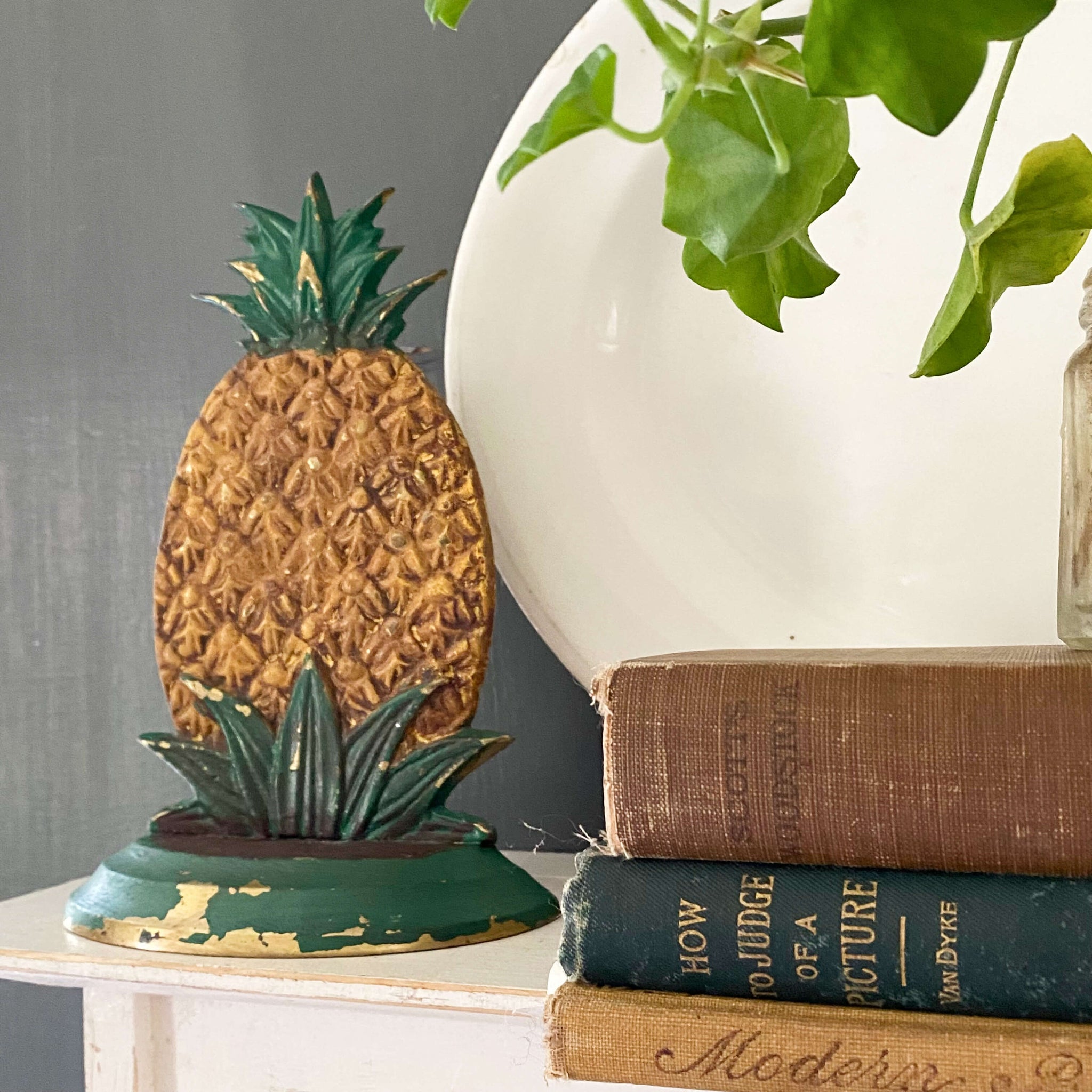 Vintage Pair of Handpainted Brass Pineapple Bookends by Yield House circa 1980s