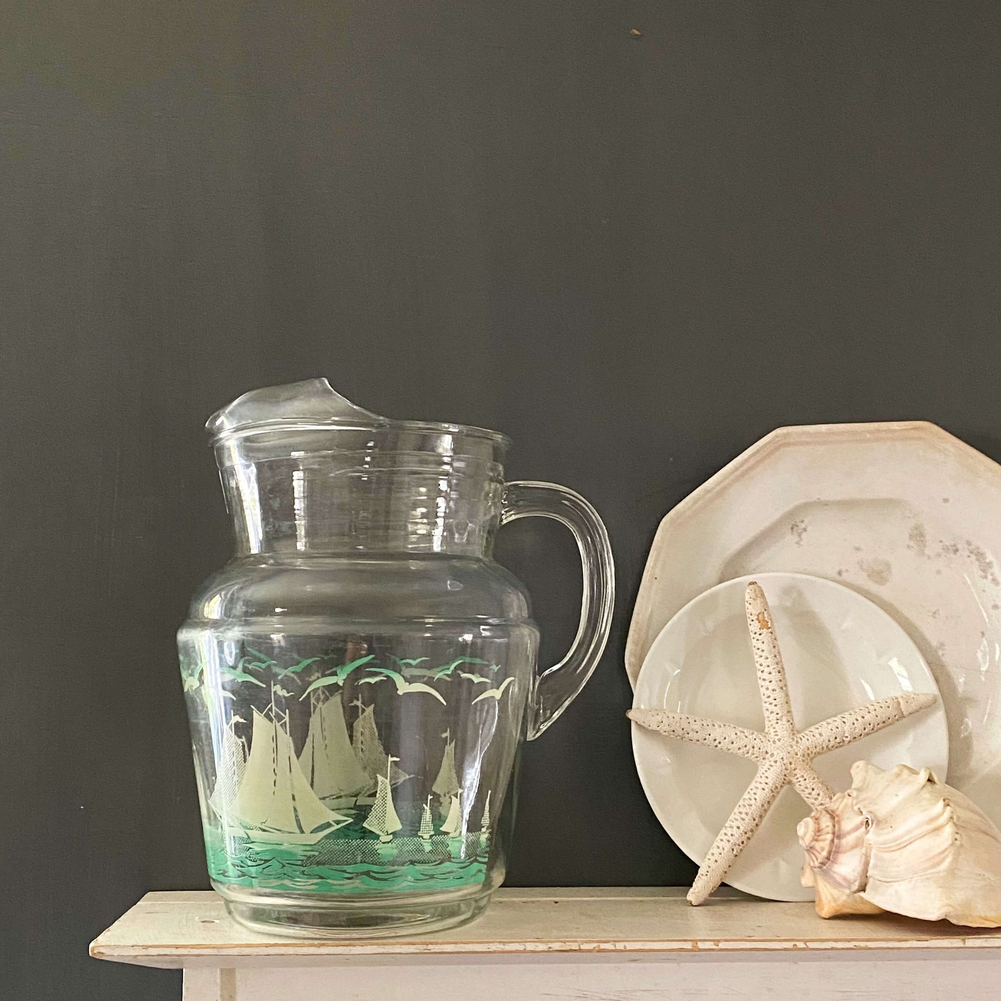 Vintage Clear Glass Sailboat Pitcher with Seagulls circa 1950s-1970s