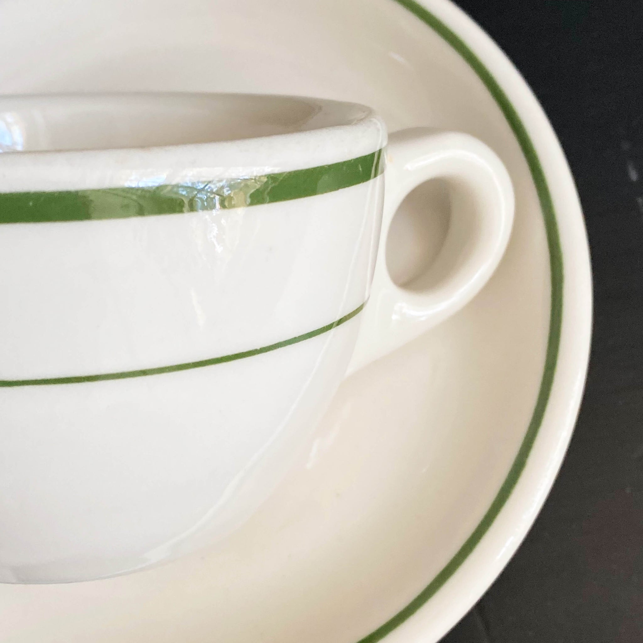 Vintage Green Striped Restaurant Ware Cups and Saucers by Buffalo China - Set of Two circa 1962-1986