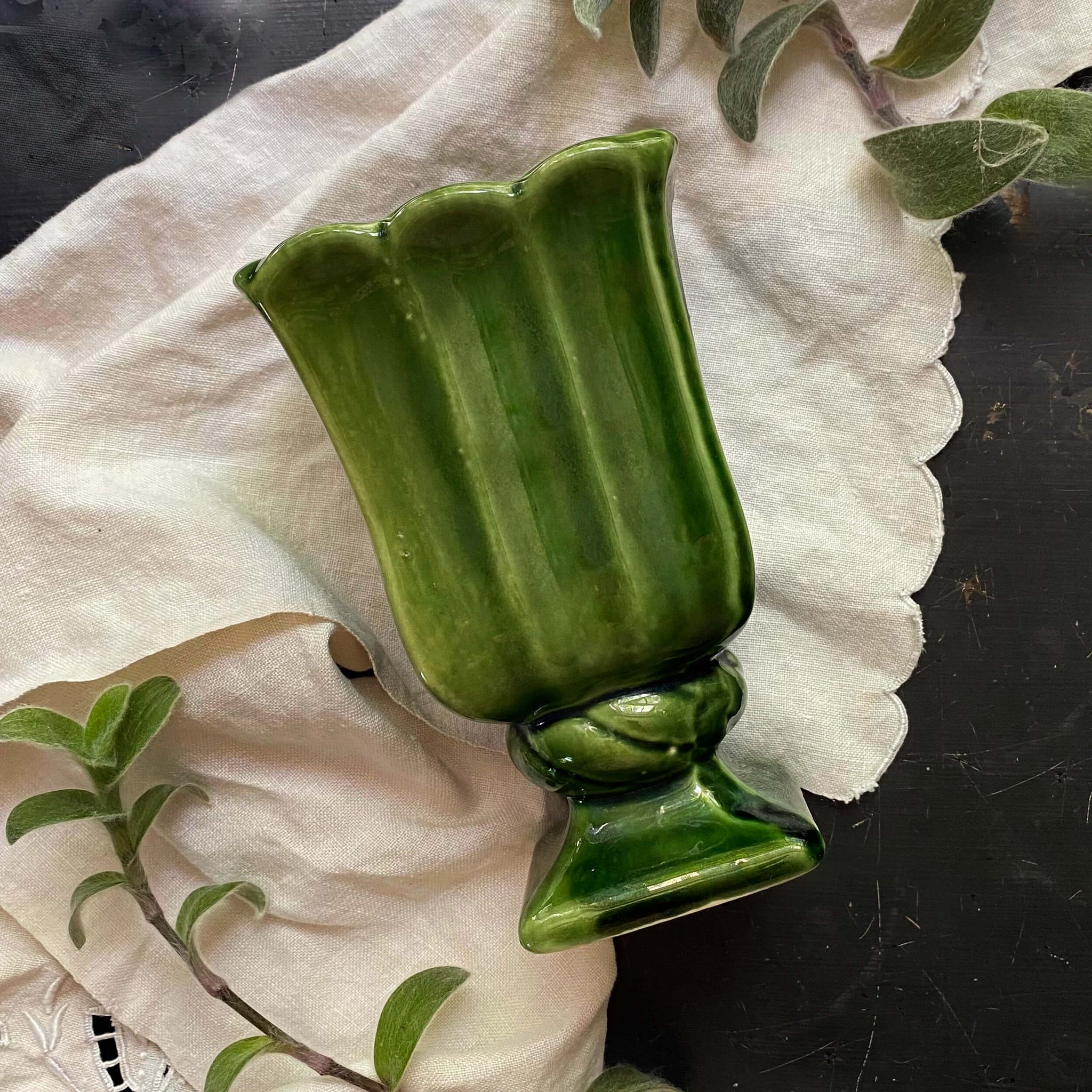 Vintage Midcentury Green Pottery Pedestal Planter