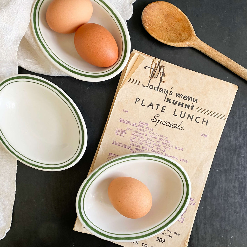 Vintage Buffalo China Green Stripe Restaurant Ware Mini Bakers - Set of Three circa 1950s-1980s