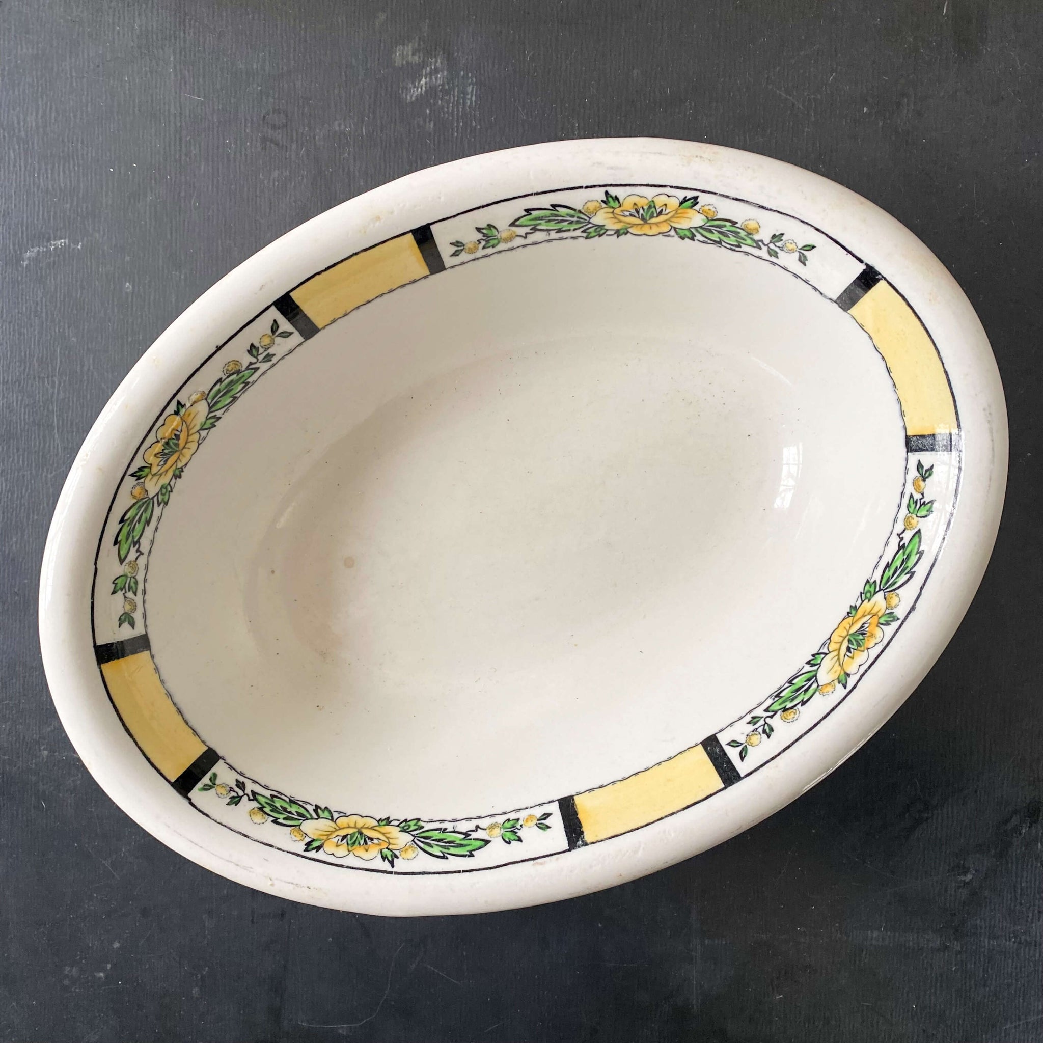 Vintage Yellow Floral W.H. Grindley & Co Ltd Serving Bowl with Black Stripes Possibly 1920s
