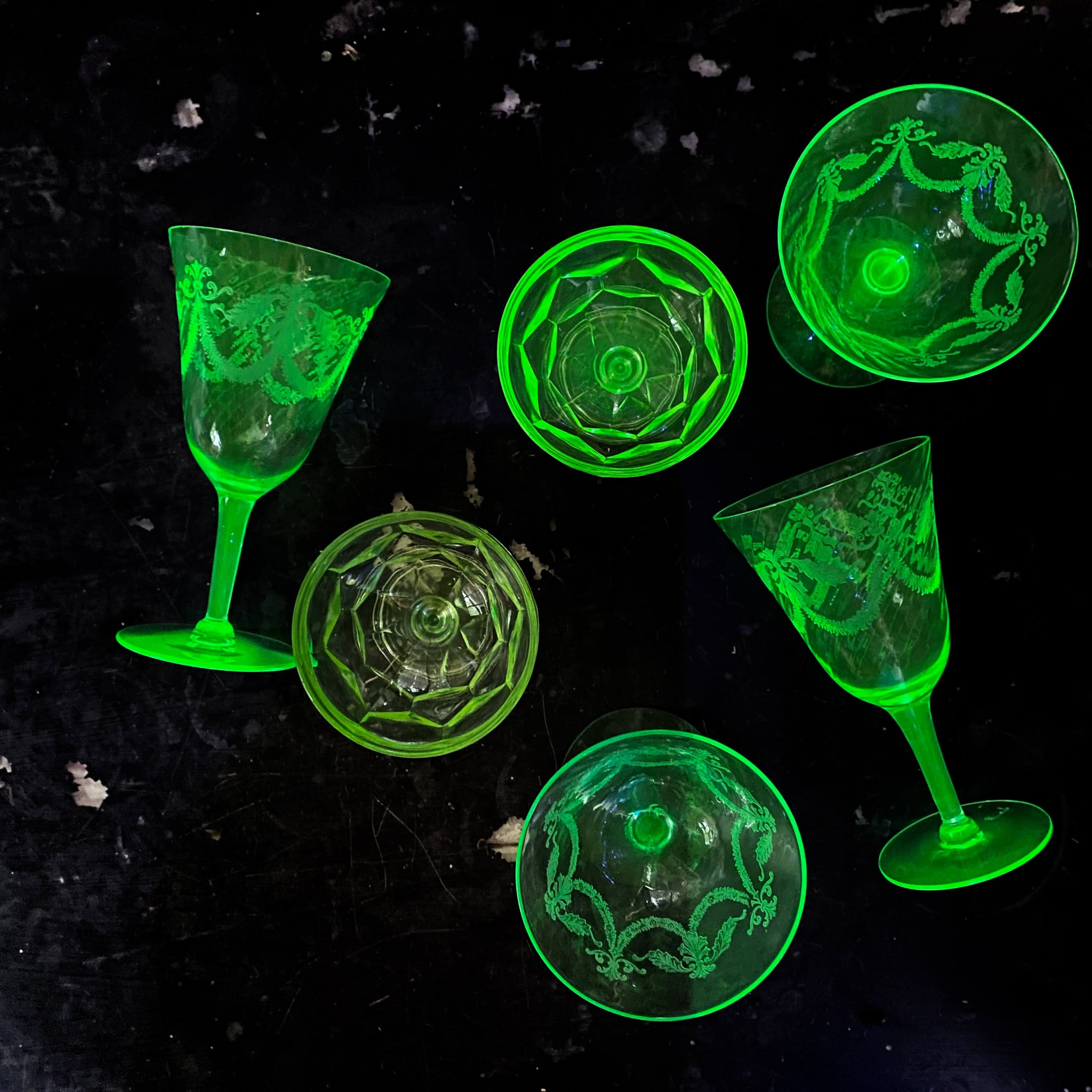Selenium Glow Vintage Uranium Glass Stemware - Mismatched Set of 6 - Green Glowing G ...