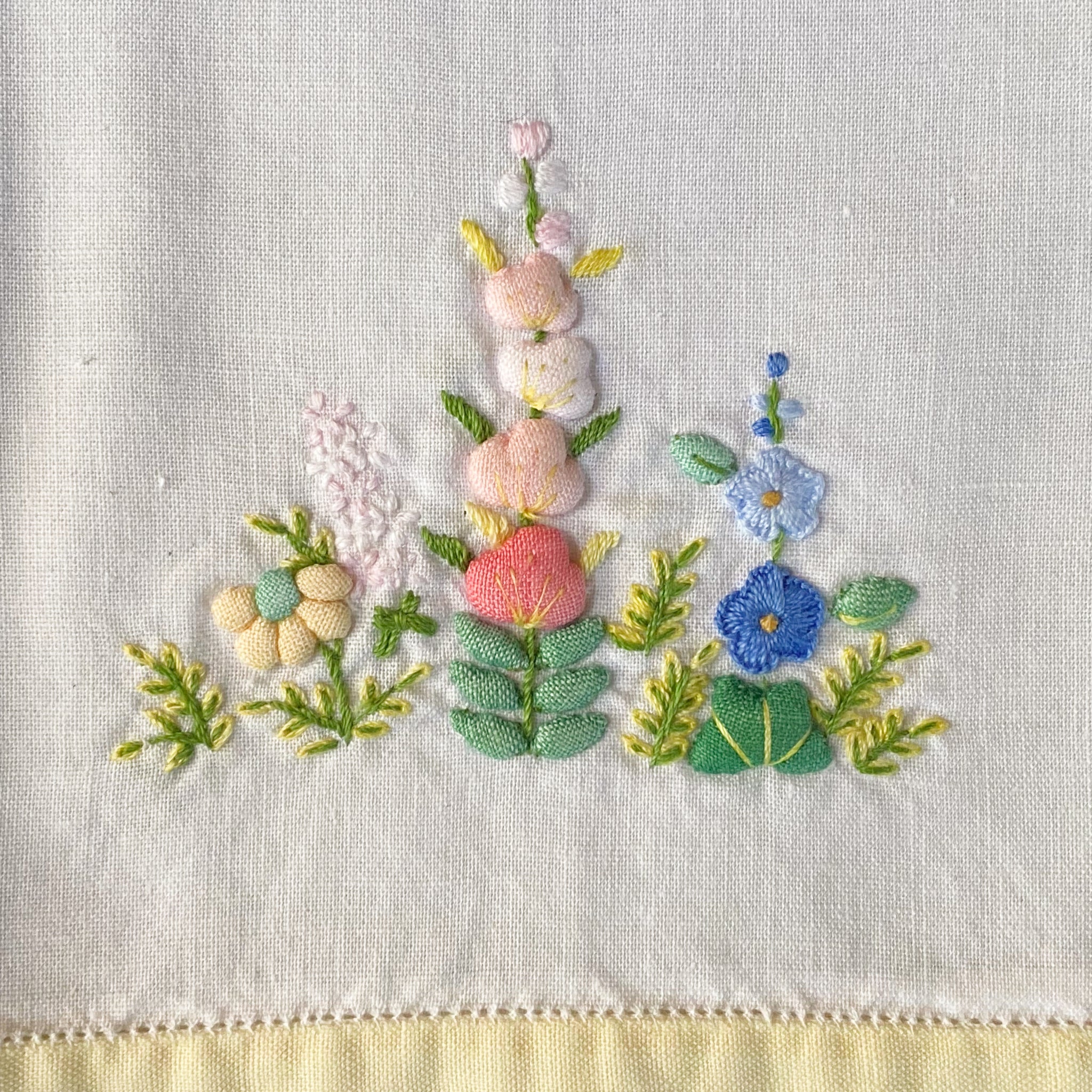 Vintage 1950s Trapunto Embroidered Cotton Floral Tea Towel with Hollyhock Design