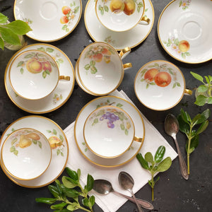 Vintage 1960s Hutschenreuther Fruit Pattern Porcelain Cups and Saucers - Set of Seven