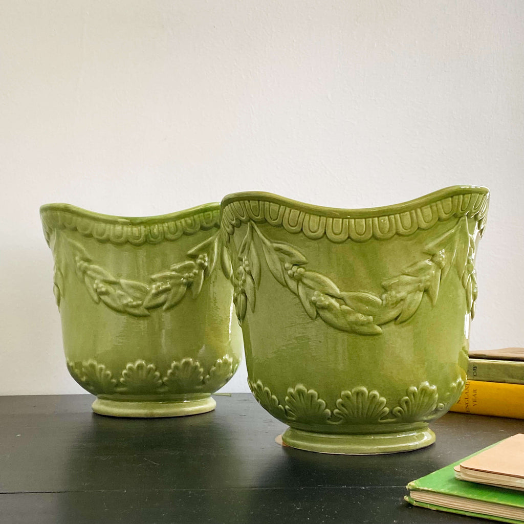 Two Vintage Green Ceramic Plant Pots by Jay Willfred for Andrea Sadek - Made in Portugal circa 1990s