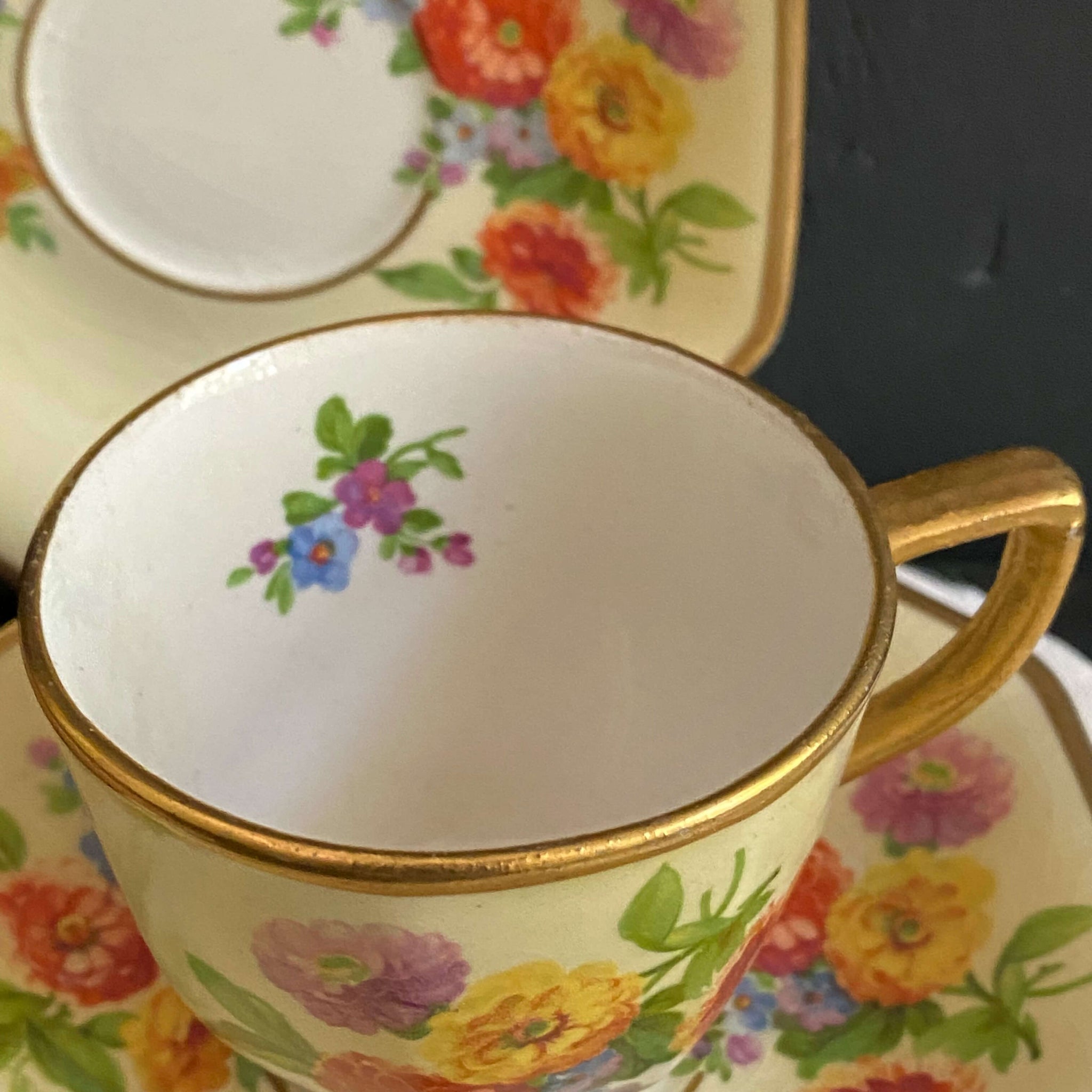Rare Johnson Bros Floral Demitasse Cups & Saucers with Zinnia Flowers -  Set of Three