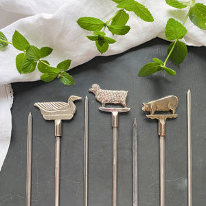 Vintage Brass Kebab Skewers with Animal Finials - Set of 7 -  Made in Taiwan circa 1960s-1970s