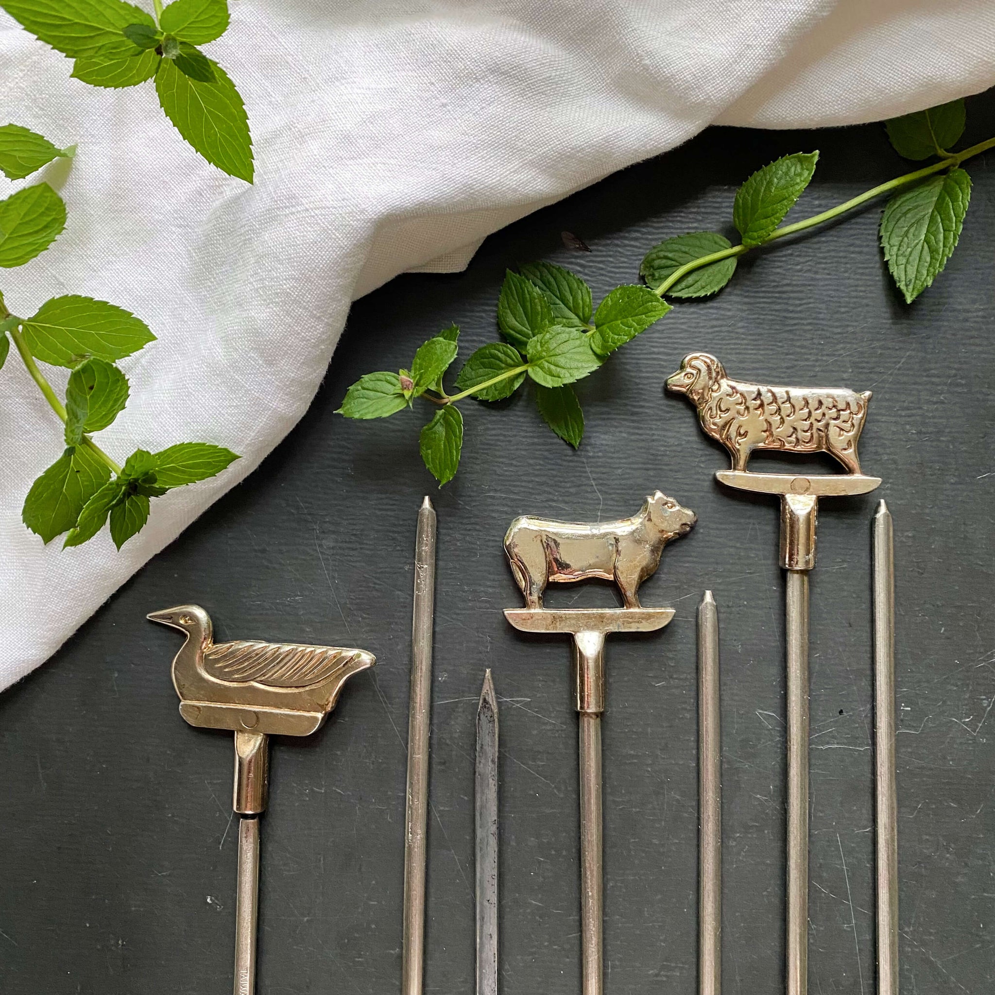 Vintage Brass Kebab Skewers with Animal Finials - Set of 7 -  Made in Taiwan circa 1960s-1970s