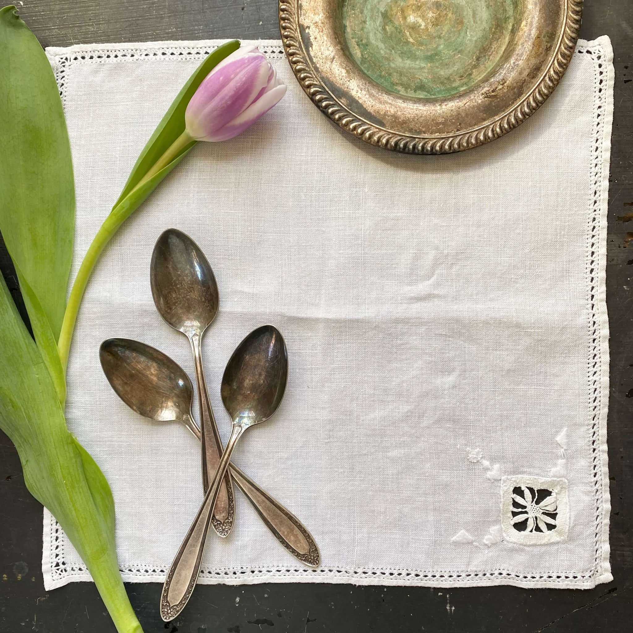 Vintage Embroidered Linen Cocktail Napkins with Drawn Work Florals - Set of Two