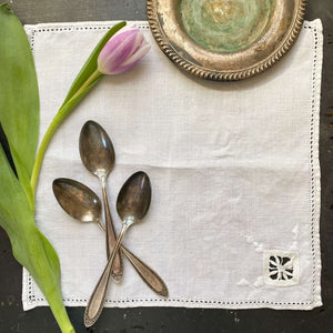 Vintage Embroidered Linen Cocktail Napkins with Drawn Work Florals - Set of Two