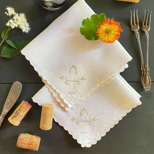 Vintage Linen Cocktail Napkins with Broderie Eyelet Flower Baskets - Set of Two