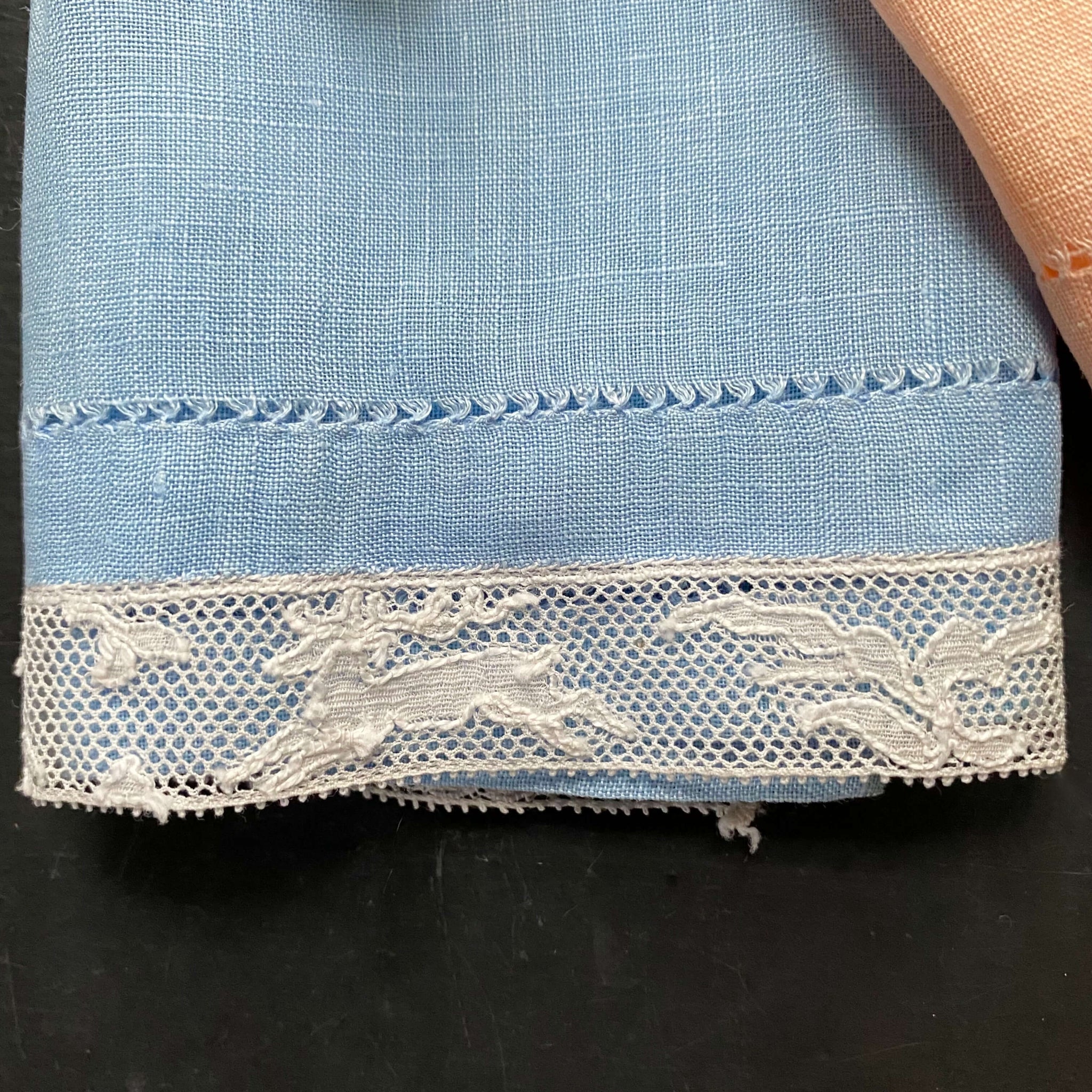 Vintage Set of Three Pastel Table Linens with Mechlin Lace Edge circa 1930s-1940s