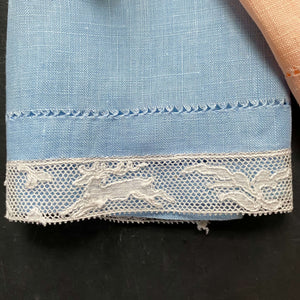 Vintage Set of Three Pastel Table Linens with Mechlin Lace Edge circa 1930s-1940s