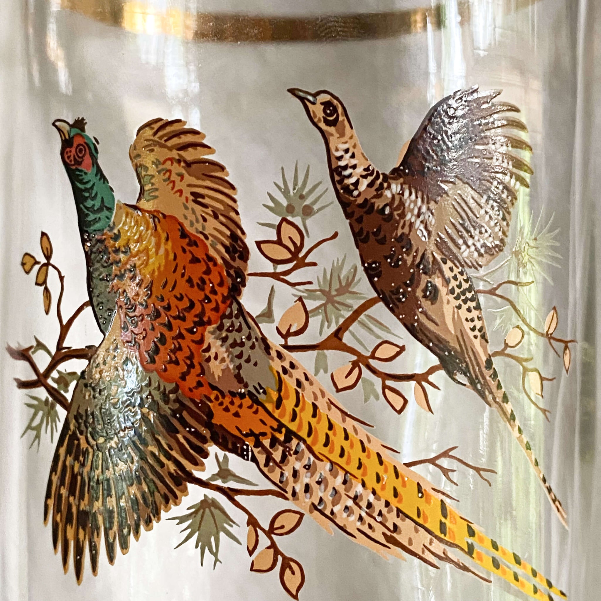 Vintage Midcentury Glass Martini Pitcher with Pheasant Pattern by West Virginia Specialty Co circa 1950s-1960s