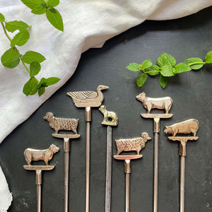 Vintage Brass Kebab Skewers with Animal Finials - Set of 7 -  Made in Taiwan circa 1960s-1970s