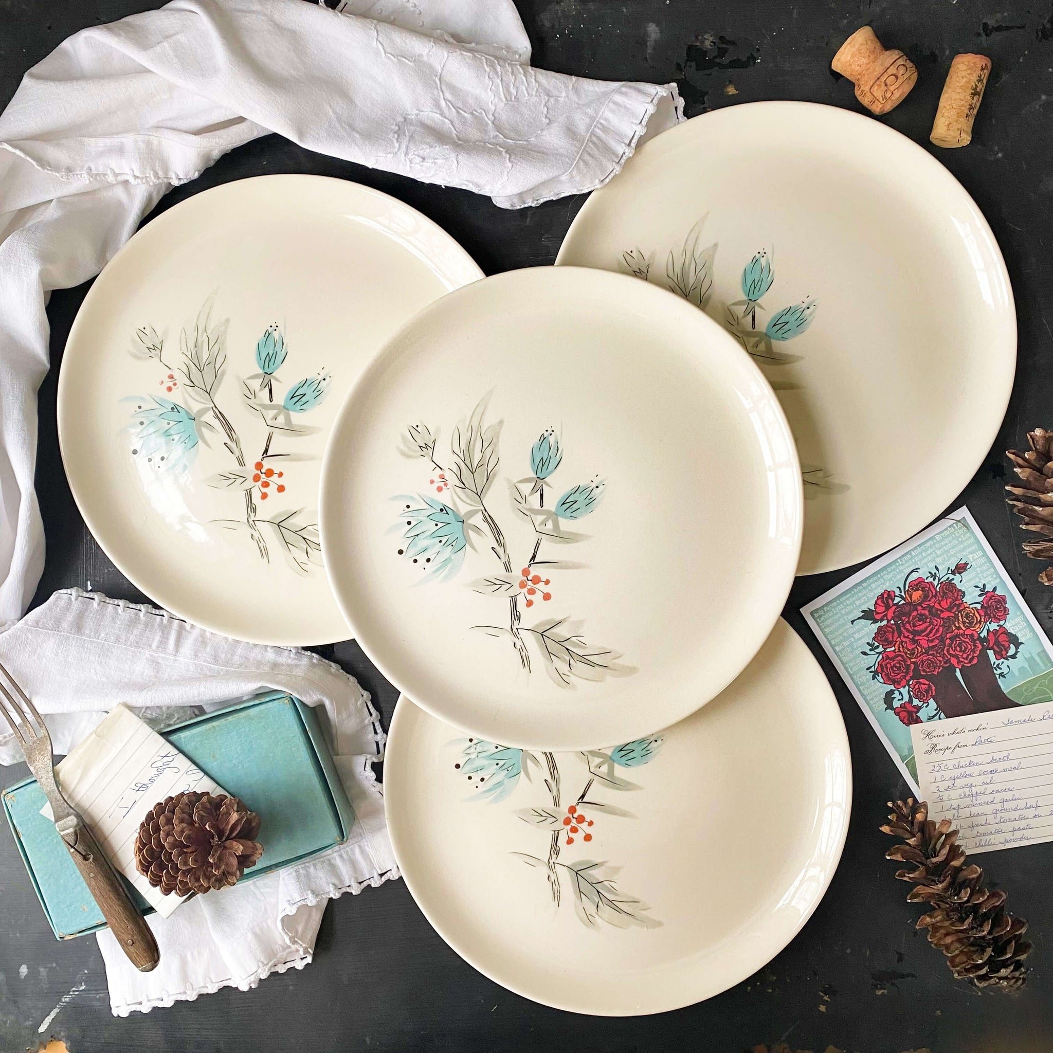 Rare Vintage Midcentury Dinner Plates with Teal Flowers Grey Leaves & Red Berries - Set of Four